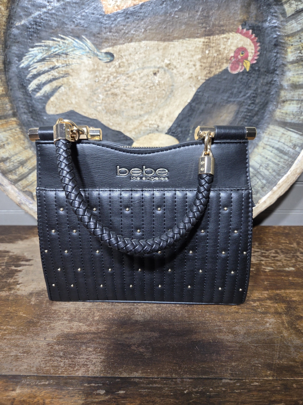 Bebe Black Quilted Mini Top-Handle Bag with Gold Studs